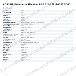 Corsair Dominator Titanium RGB 32GB (16GBx2) 7200MHz CL34 DDR5 RAM