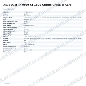 Asus Dual RX 9060 XT 16GB GDDR6 Graphics Card