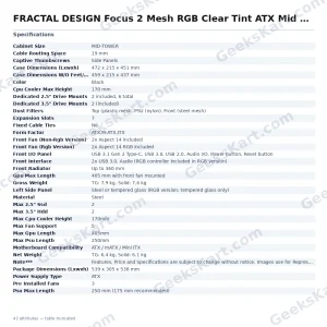 FRACTAL DESIGN Focus 2 Mesh RGB Clear Tint ATX Mid Tower Cabinet (Black)