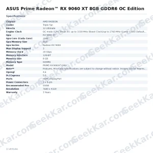 ASUS Prime RX 9060 XT OC Edition 8GB GDDR6 Graphics Card