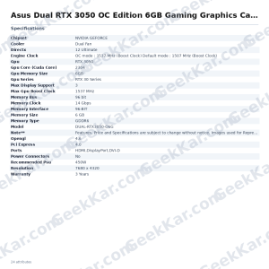 Asus Dual RTX 3050 OC Edition 6GB Gaming Graphics Card
