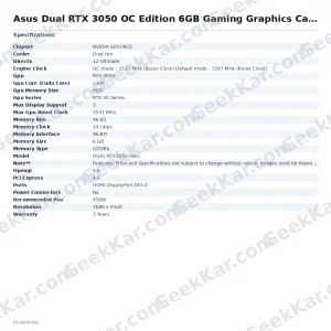 Asus Dual RTX 3050 OC Edition 6GB Gaming Graphics Card