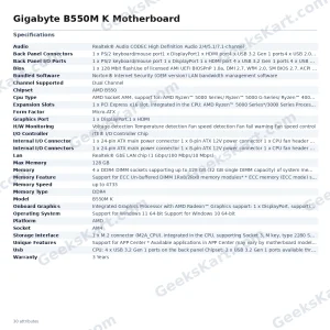Gigabyte B550M K Motherboard