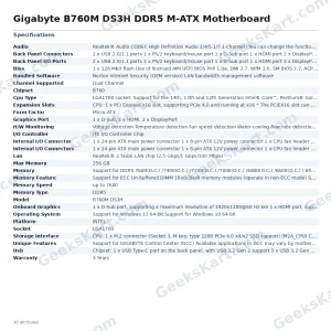 Gigabyte B760M DS3H DDR5 M-ATX Motherboard