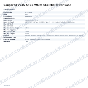 Cougar CFV235 ARGB White CEB Mid Tower Case