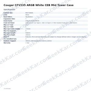 Cougar CFV235 ARGB White CEB Mid Tower Case