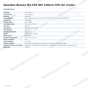 Gamdias Boreas M2-510 WH 120mm CPU Air Cooler