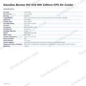 Gamdias Boreas M2-510 WH 120mm CPU Air Cooler