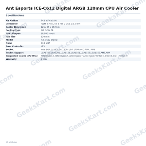 Ant Esports ICE-C612 Digital ARGB 120mm CPU Air Cooler