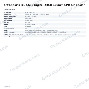 Ant Esports ICE-C612 Digital ARGB 120mm CPU Air Cooler