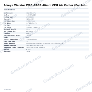 Alseye Warrior W90 ARGB 40mm CPU Air Cooler (For Intel LGA 1700/1200/115X Sockets)