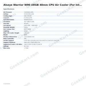 Alseye Warrior W90 ARGB 40mm CPU Air Cooler (For Intel LGA 1700/1200/115X Sockets)