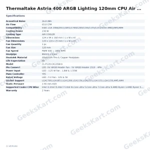 Thermaltake Astria 400 ARGB Lighting 120mm CPU Air Cooler (Black)