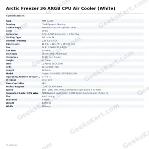Arctic Freezer 36 ARGB CPU Air Cooler (White)