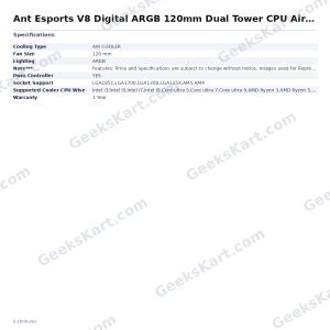 Ant Esports V8 Digital ARGB 120mm Dual Tower CPU Air Cooler with Temperature Display