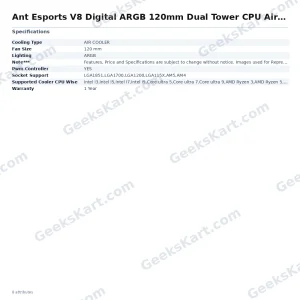 Ant Esports V8 Digital ARGB 120mm Dual Tower CPU Air Cooler with Temperature Display