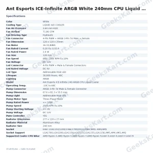 Ant Esports ICE-Infinite ARGB White 240mm CPU Liquid Cooler