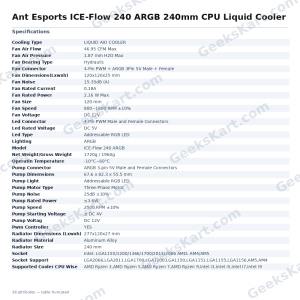 Ant Esports ICE-Flow 240 ARGB 240mm CPU Liquid Cooler