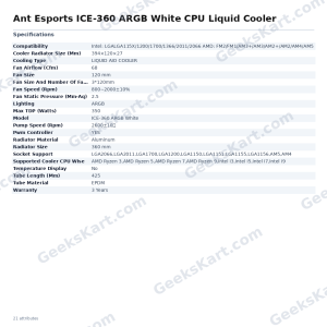Ant Esports ICE-360 ARGB White CPU Liquid Cooler