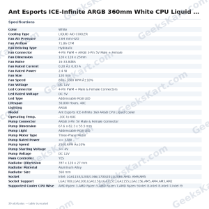 Ant Esports ICE-Infinite ARGB 360mm White CPU Liquid Cooler