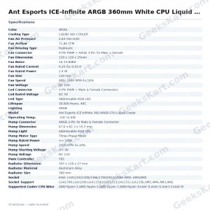 Ant Esports ICE-Infinite ARGB 360mm White CPU Liquid Cooler