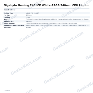 Gigabyte Gaming 240 ICE White ARGB 240mm CPU Liquid Cooler