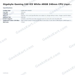 Gigabyte Gaming 240 ICE White ARGB 240mm CPU Liquid Cooler