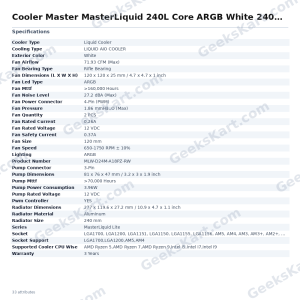 Cooler Master MasterLiquid 240L Core ARGB White 240mm CPU Liquid Cooler