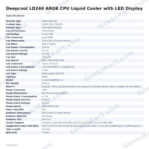 Deepcool LD240 ARGB CPU Liquid Cooler with LED Display