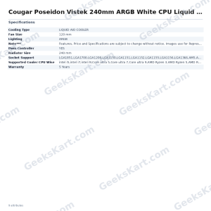 Cougar Poseidon Vistek 240mm ARGB White CPU Liquid Cooler with Digital Display