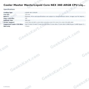 Cooler Master MasterLiquid Core NEX 360 ARGB CPU Liquid Cooler