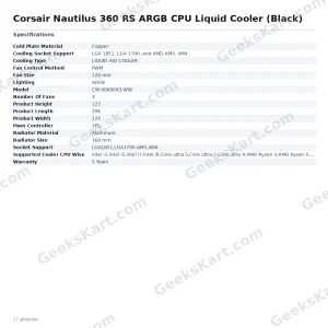 Corsair Nautilus 360 RS ARGB CPU Liquid Cooler (Black)