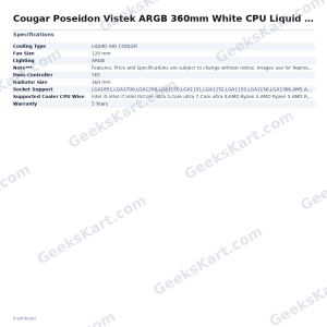 Cougar Poseidon Vistek ARGB 360mm White CPU Liquid Cooler with Digital Display