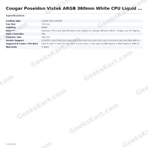 Cougar Poseidon Vistek ARGB 360mm White CPU Liquid Cooler with Digital Display
