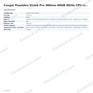 Cougar Poseidon Vistek Pro 360mm ARGB White CPU Liquid Cooler with LCD Display