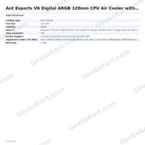 Ant Esports V6 Digital ARGB 120mm CPU Air Cooler with Temperature Display