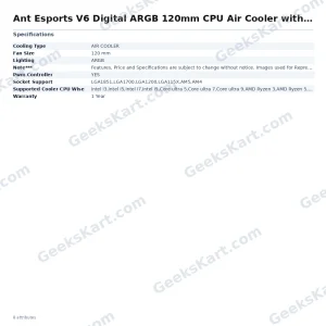 Ant Esports V6 Digital ARGB 120mm CPU Air Cooler with Temperature Display
