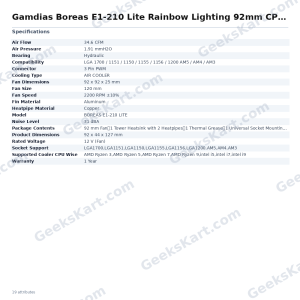 Gamdias Boreas E1-210 Lite Rainbow Lighting 92mm CPU Air Cooler