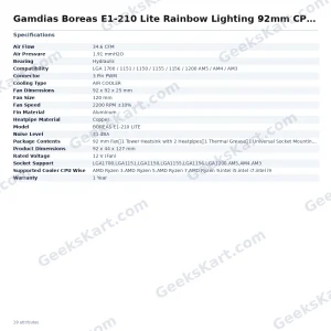 Gamdias Boreas E1-210 Lite Rainbow Lighting 92mm CPU Air Cooler