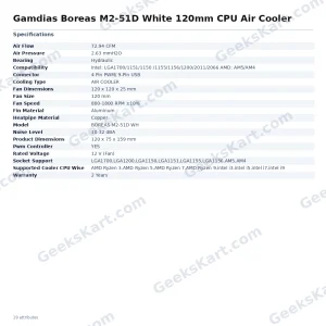 Gamdias Boreas M2-51D White 120mm CPU Air Cooler
