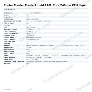 Cooler Master MasterLiquid 240L Core 240mm CPU Liquid Cooler