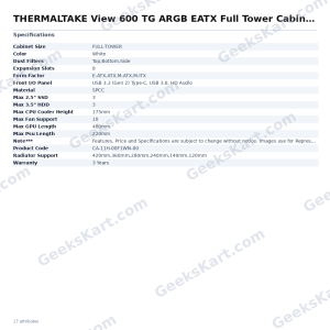 THERMALTAKE View 600 TG ARGB EATX Full Tower Cabinet (Black)