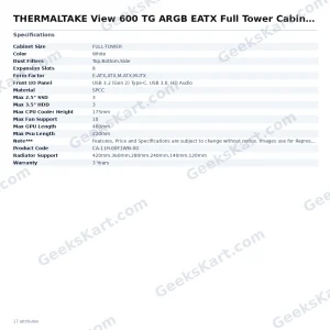 THERMALTAKE View 600 TG ARGB EATX Full Tower Cabinet (Black)