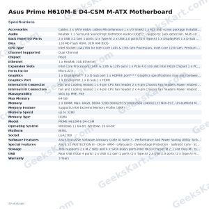 Asus Prime H610M-E D4-CSM M-ATX Motherboard