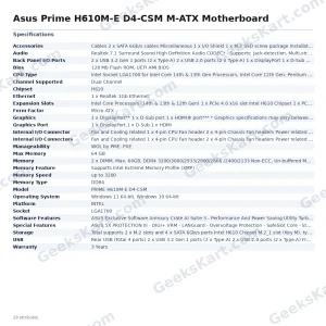 Asus Prime H610M-E D4-CSM M-ATX Motherboard
