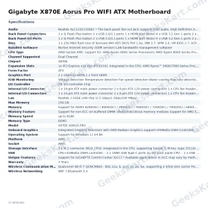 Gigabyte X870E Aorus Pro WIFI ATX Motherboard