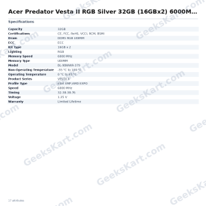 Acer Predator Vesta II RGB Silver 32GB (16GBx2) 6000MHz CL32 DDR5 RAM