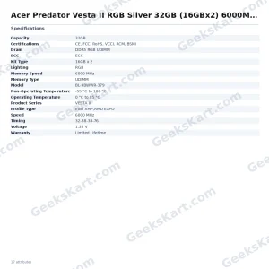 Acer Predator Vesta II RGB Silver 32GB (16GBx2) 6000MHz CL32 DDR5 RAM