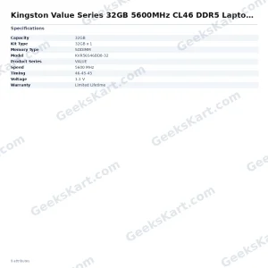 Kingston Value Series 32GB 5600MHz CL46 DDR5 Laptop Ram