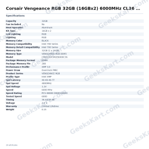 Corsair Vengeance RGB 32GB (16GBx2) 6000MHz CL36 DDR5 RAM